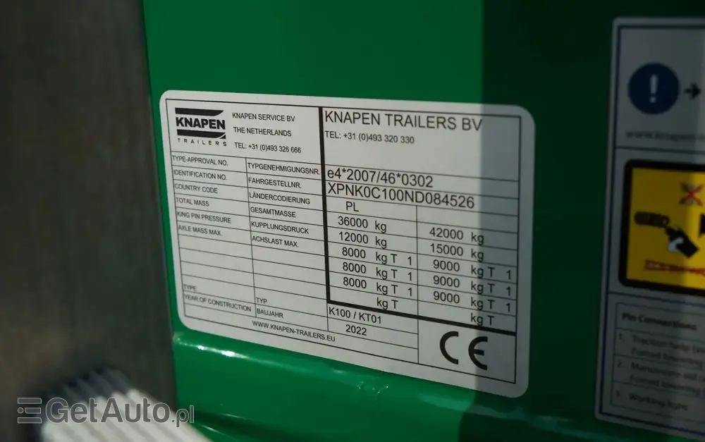 KNAPEN / RUCHOMA PODŁOGA / WALKING FLOOR / 94 m3  / OŚ PODNOSZONA / OSIE SAF / ALUFELGI / 