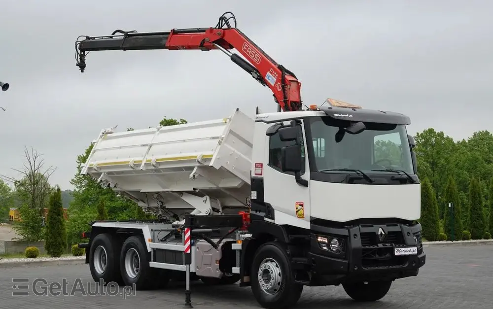 RENAULT C 380 / 6x4 / WYWROTKA 3 STRONNA  + HDS FASSI F135 / HYDROBURTA / EURO 6 / STEROWANIE RADIOWE / ROTATOR / BORDMATIC 