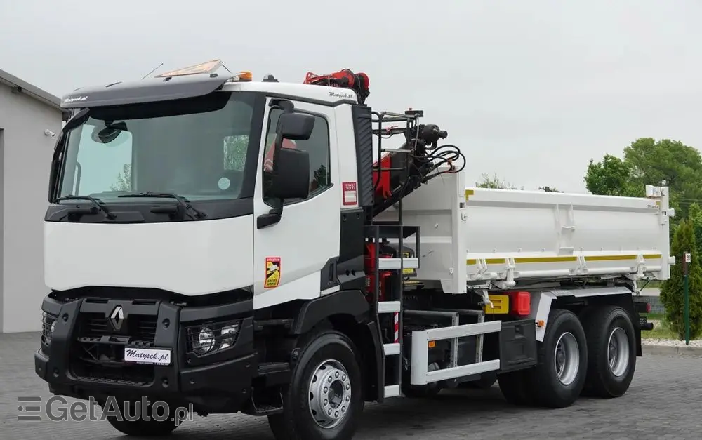 RENAULT C 380 / 6x4 / WYWROTKA 3 STRONNA  + HDS FASSI F135 / HYDROBURTA / EURO 6 / STEROWANIE RADIOWE / ROTATOR / BORDMATIC 