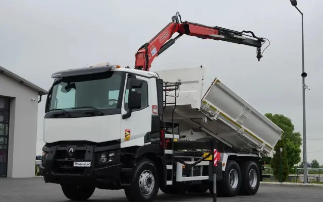 RENAULT C 380 / 6x4 / WYWROTKA 3 STRONNA  + HDS FASSI F135 / HYDROBURTA / EURO 6 / STEROWANIE RADIOWE / ROTATOR / BORDMATIC 