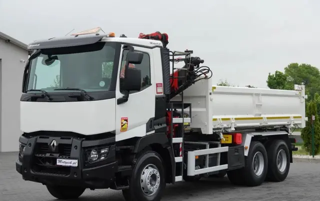 RENAULT C 380 / 6x4 / WYWROTKA 3 STRONNA  + HDS FASSI F135 / HYDROBURTA / EURO 6 / STEROWANIE RADIOWE / ROTATOR / BORDMATIC 