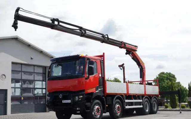 RENAULT C 430 / 8x4 / SKRZYNIOWY 7 M + HDS PALFINGER PK 24001-K C / WYSÓW 12,5M / STEROWANIE RADIOWE / WIDŁY / ROTATOR / SPROWADZONY 