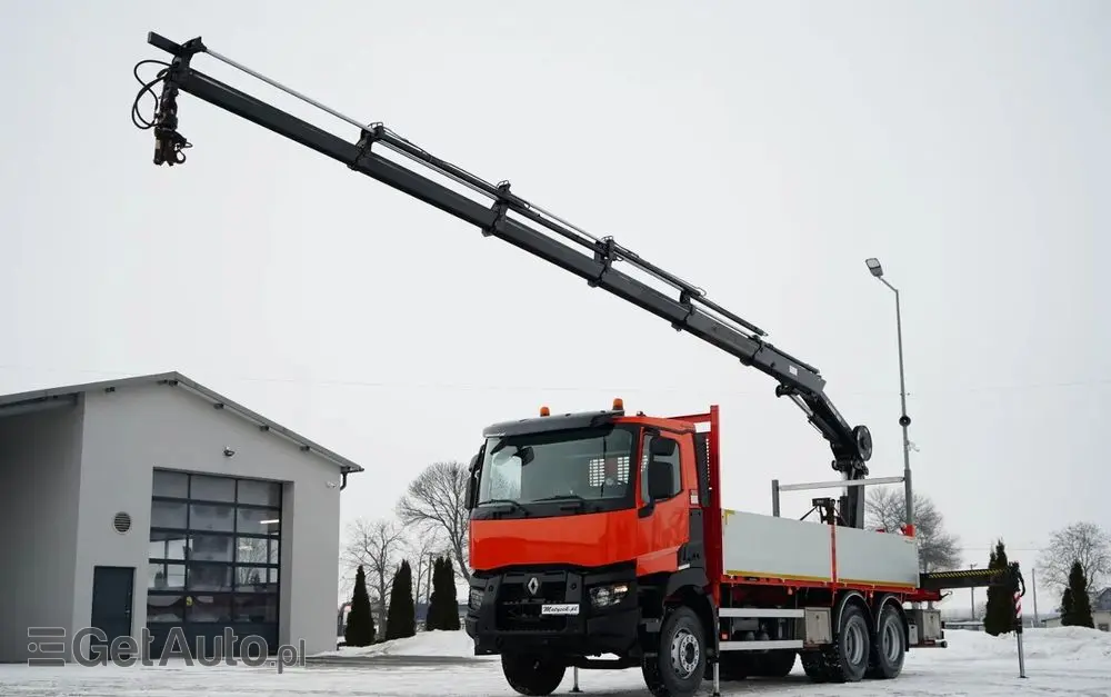 RENAULT C 430 / 6x4 / SKRZYNIOWY 6,2 M + HDS HIAB X-DUO 188 / WYSÓW 15 M / STEROWANIE RADIOWE / WIDŁY / ROTATOR 