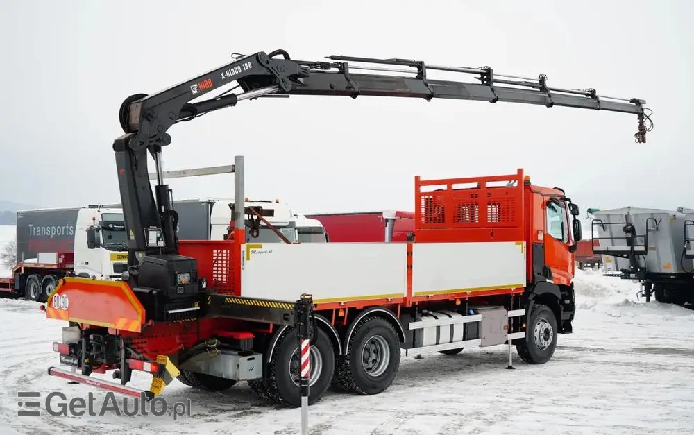 RENAULT C 430 / 6x4 / SKRZYNIOWY 6,2 M + HDS HIAB X-DUO 188 / WYSÓW 15 M / STEROWANIE RADIOWE / WIDŁY / ROTATOR 