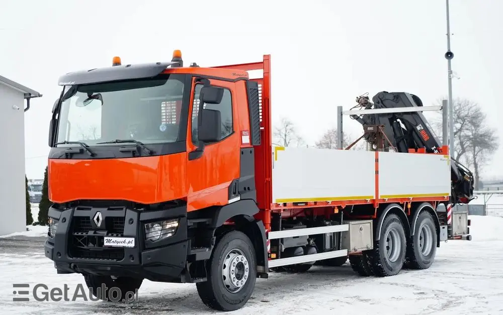 RENAULT C 430 / 6x4 / SKRZYNIOWY 6,2 M + HDS HIAB X-DUO 188 / WYSÓW 15 M / STEROWANIE RADIOWE / WIDŁY / ROTATOR 