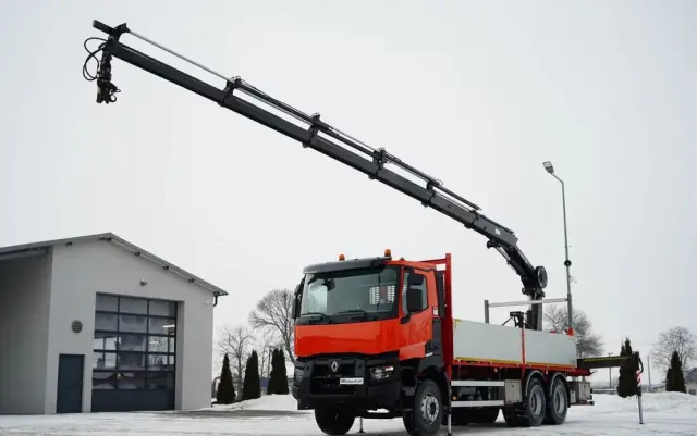 RENAULT C 430 / 6x4 / SKRZYNIOWY 6,2 M + HDS HIAB X-DUO 188 / WYSÓW 15 M / STEROWANIE RADIOWE / WIDŁY / ROTATOR 
