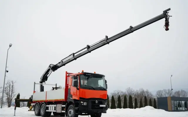 RENAULT C 430 / 6x4 / SKRZYNIOWY 6,2 M + HDS HIAB X-DUO 188 / WYSÓW 15 M / STEROWANIE RADIOWE / WIDŁY / ROTATOR 
