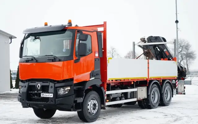 RENAULT C 430 / 6x4 / SKRZYNIOWY 6,2 M + HDS HIAB X-DUO 188 / WYSÓW 15 M / STEROWANIE RADIOWE / WIDŁY / ROTATOR 