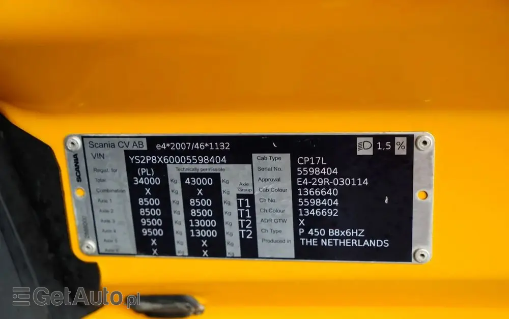 SCANIA P 450 XT  / 8x6 / WYWROTKA TYLNOZSYPOWA / OPTICRUISE / OPONY 100% /  EURO 6 