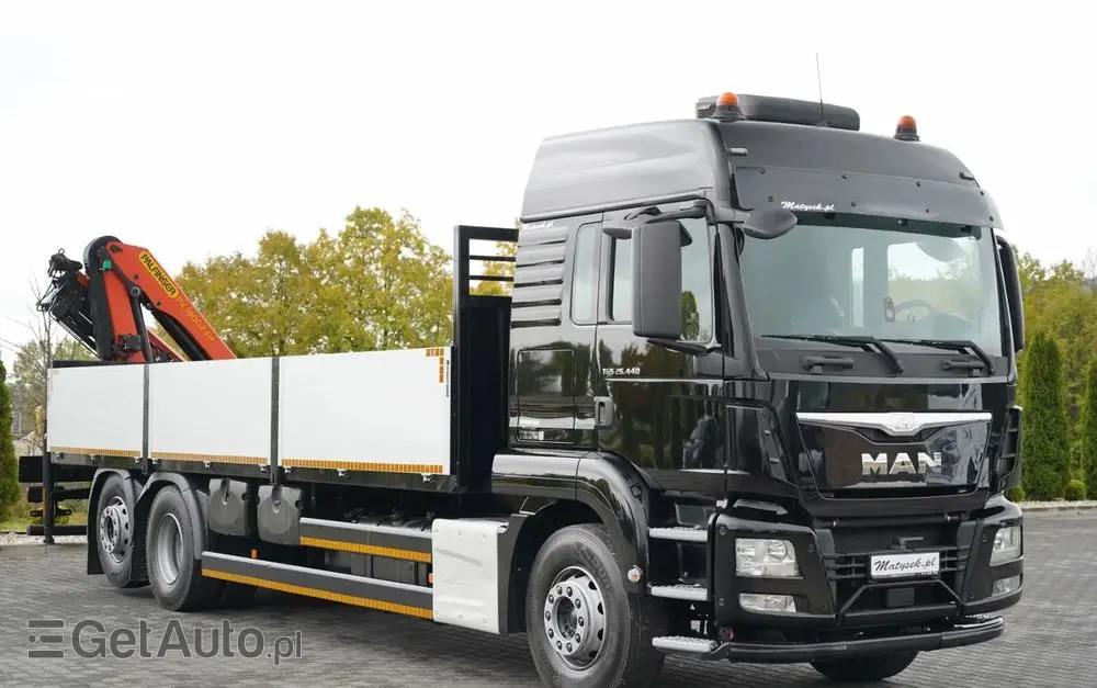 MAN TGS 26.440 / 6X2 / SKRZYNIOWY 7,5 M / OŚ PODNOSZONA  + HDS PALFINGER PK 18002  / MAX UDŹWIG: 6 000 KG / STEROWANIE RADIOWE / ROTATOR / KLIMA POSTOJOWA /  MANUAL / EURO 6 