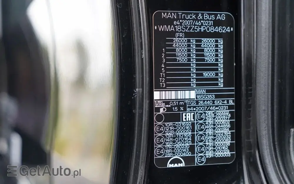 MAN TGS 26.440 / 6X2 / SKRZYNIOWY 7,5 M / OŚ PODNOSZONA  + HDS PALFINGER PK 18002  / MAX UDŹWIG: 6 000 KG / STEROWANIE RADIOWE / ROTATOR / KLIMA POSTOJOWA /  MANUAL / EURO 6 