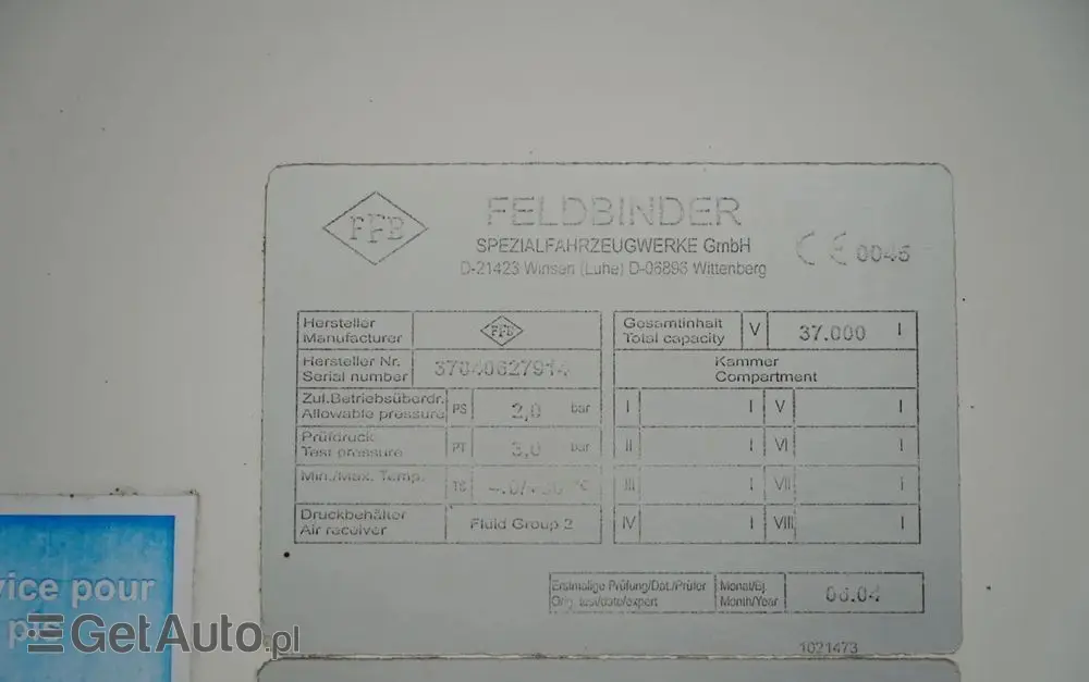 FELDBINDER CEMENTONACZEPA / 2 KOMORY / 37 000 L / SILOS / DO MATERIAŁÓW SYPKICH  / ALUFELGI 