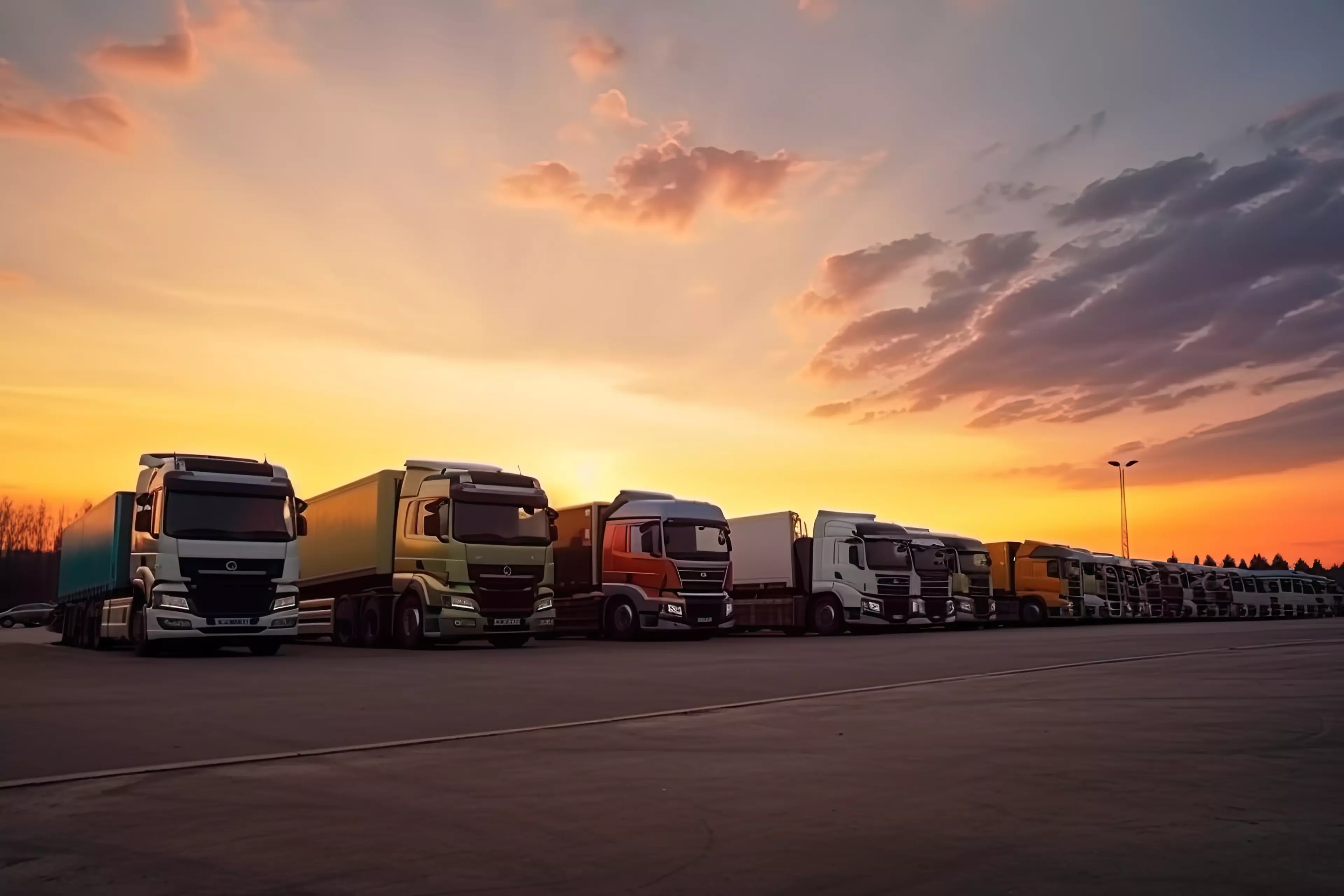 many-transport-trucks-parked-service-station-sunset-ai-generative